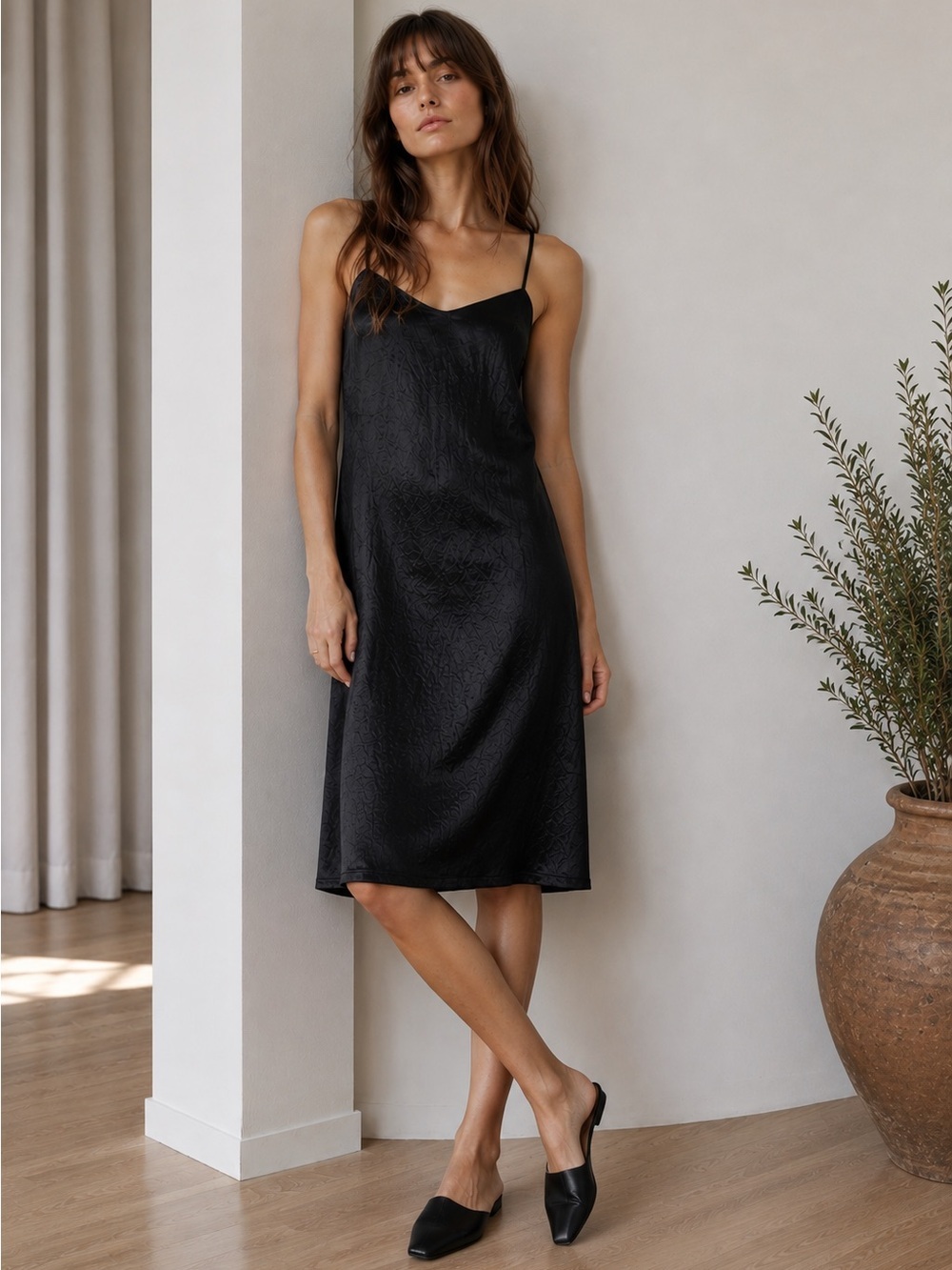 Jenni Kayne Black Satin Slip Dress with Spaghetti Straps